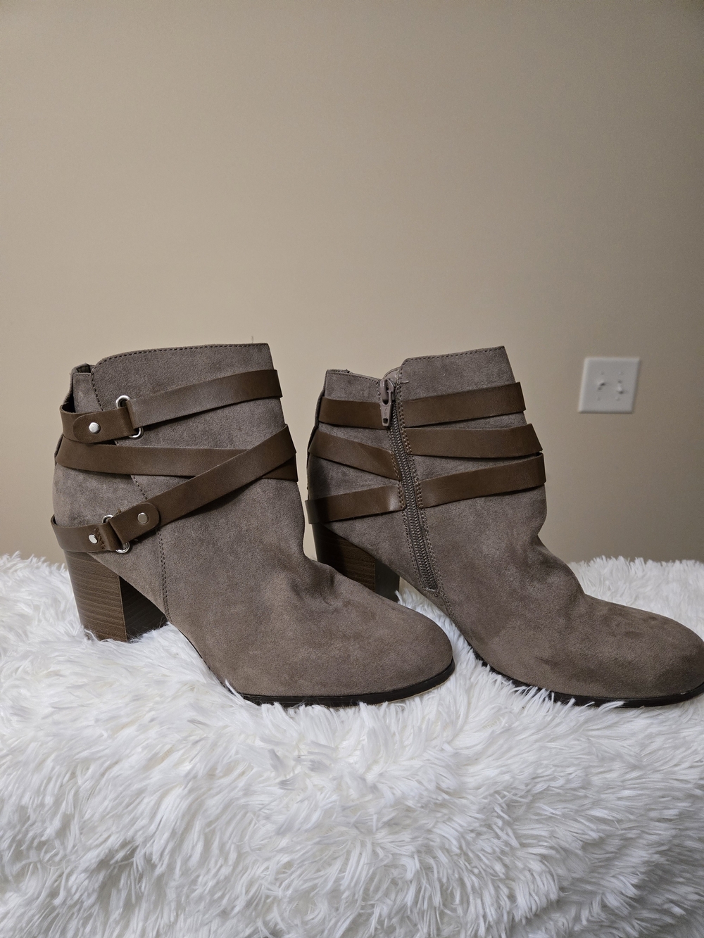 Taupe Suede Ankle Boots with Strap Detail - Women